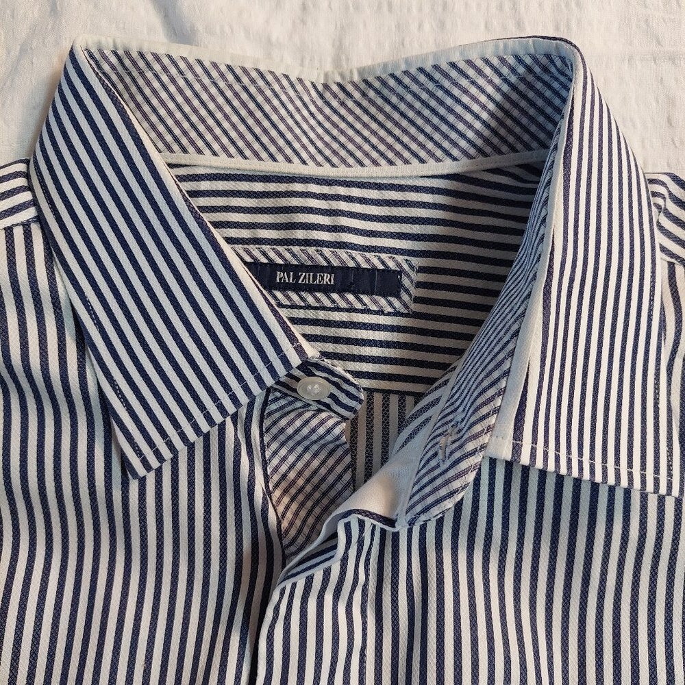 Pal Zileri Men's Button-down Dress Shirt 16 1/2 42 White Navy Strips 100%Cotton
